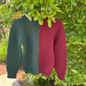 Two-Tone Green and Burgundy Crewneck Knit Sweater